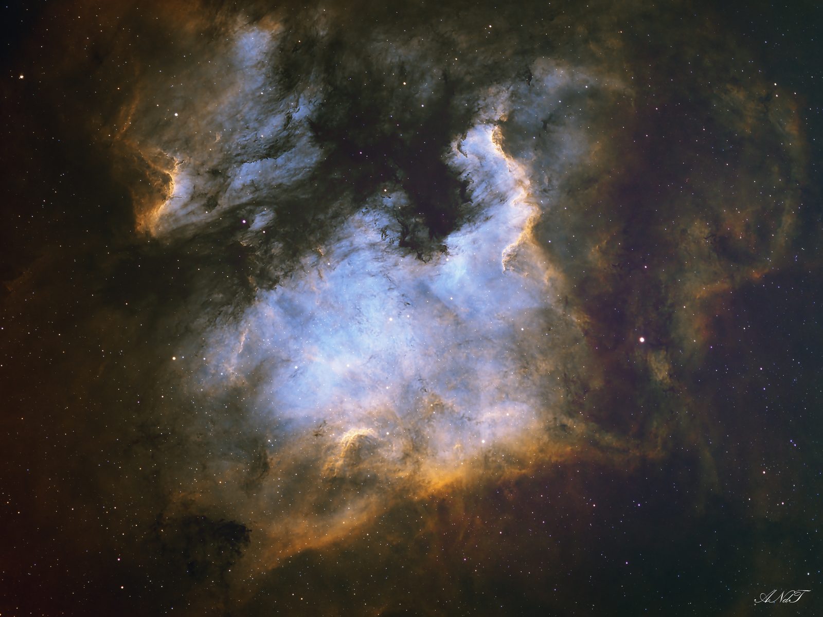 North America Nebula, NGC 7000: blue gas at the centre, orange edges and dark dust